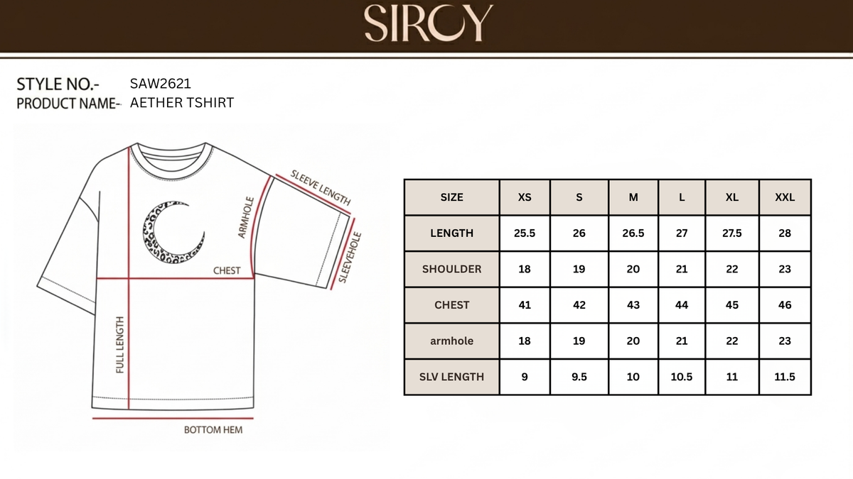 AETHER TSHIRT size chart