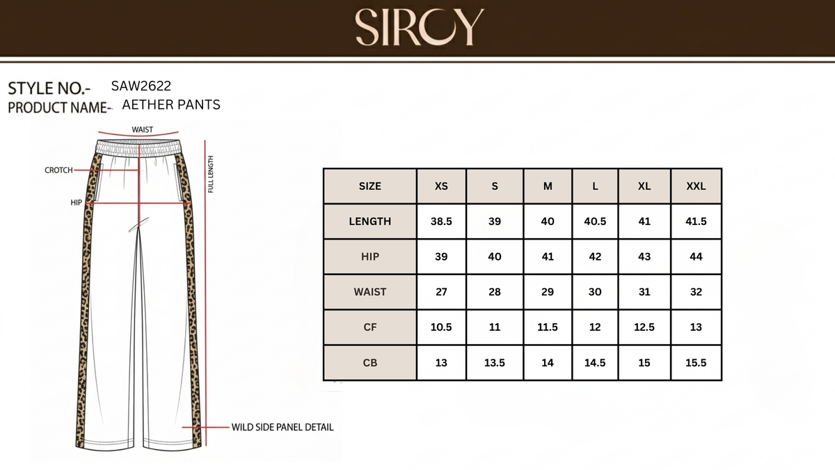 AETHER PANTS size chart