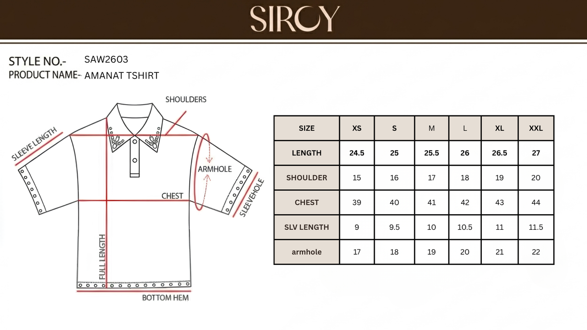 AMANAT TSHIRT size chart
