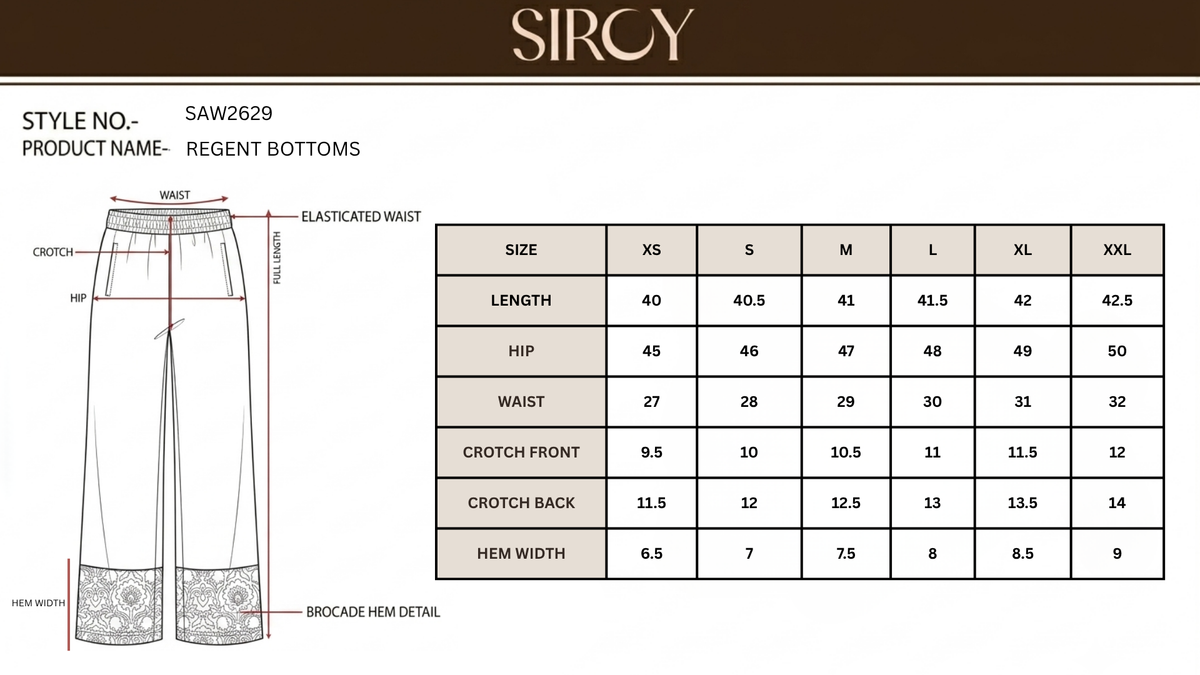 REGENT BOTTOMS size chart