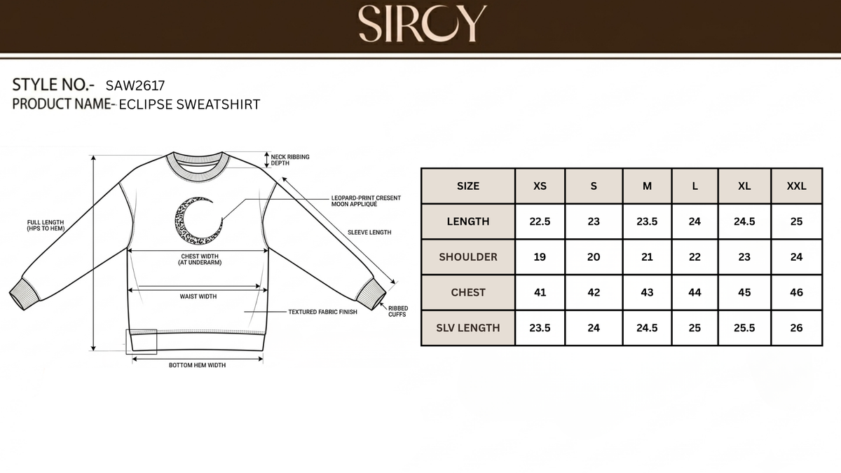 ECLIPSE SWEATSHIRT size chart