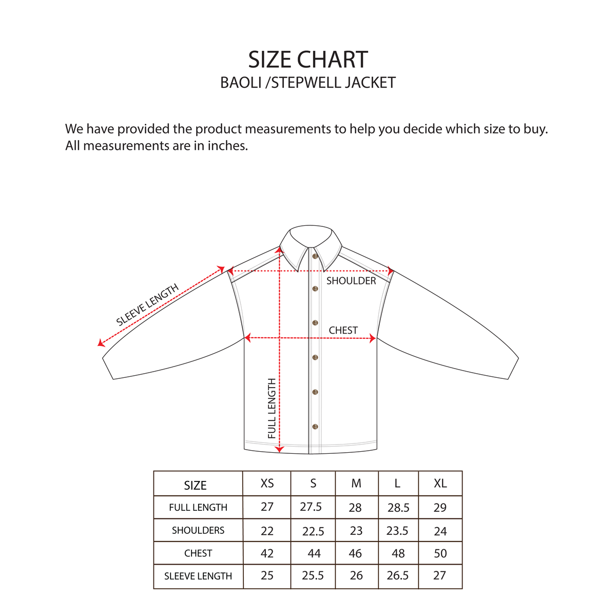 BAOLI/ STEPWELL JACKET size chart