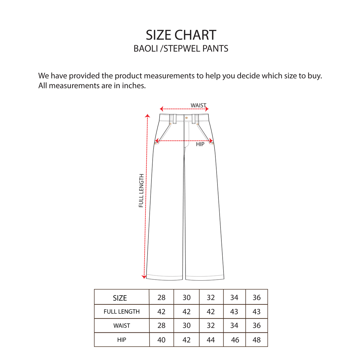 BAOLI - STEPWELL PANTS size chart