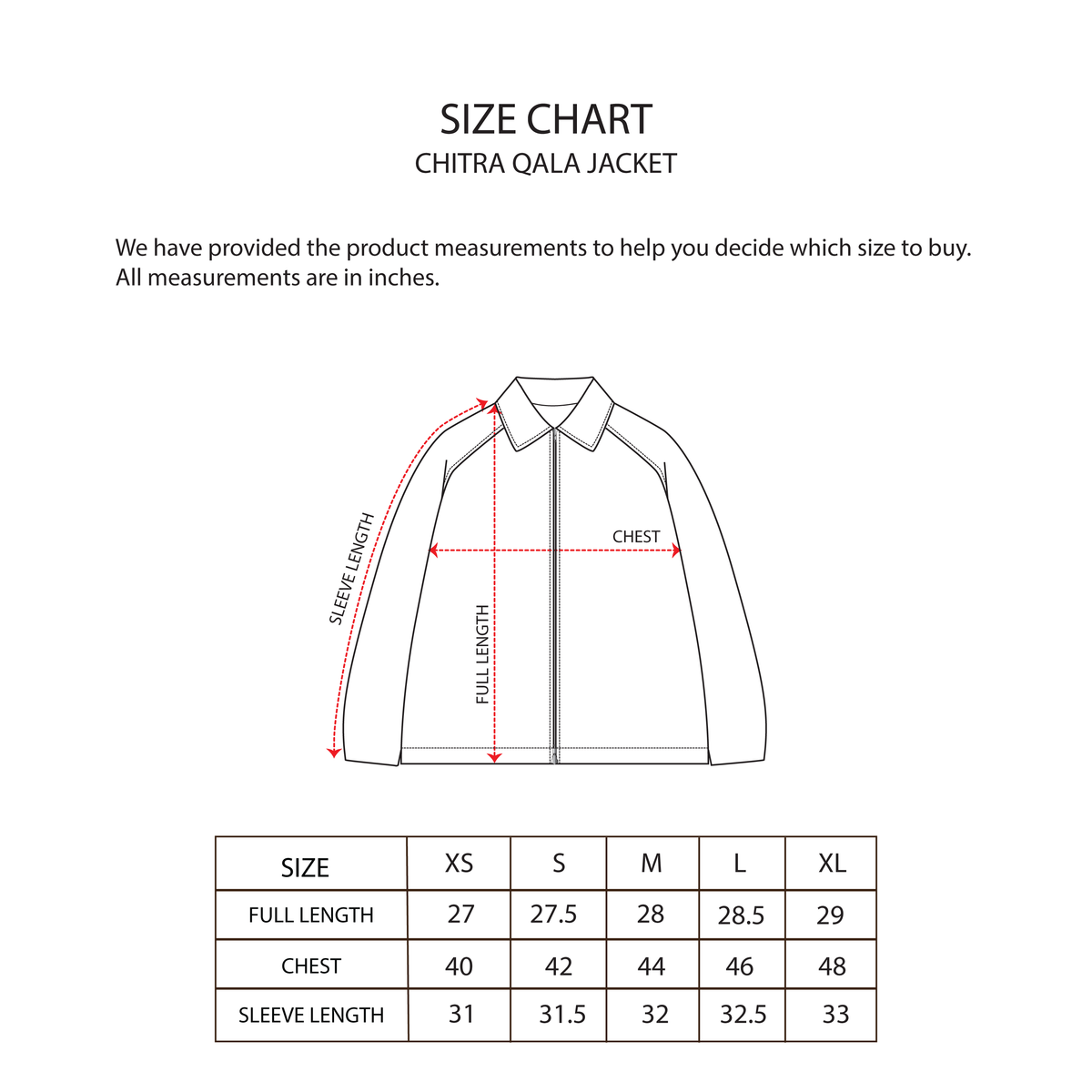 CHITRA QALA JACKET size chart