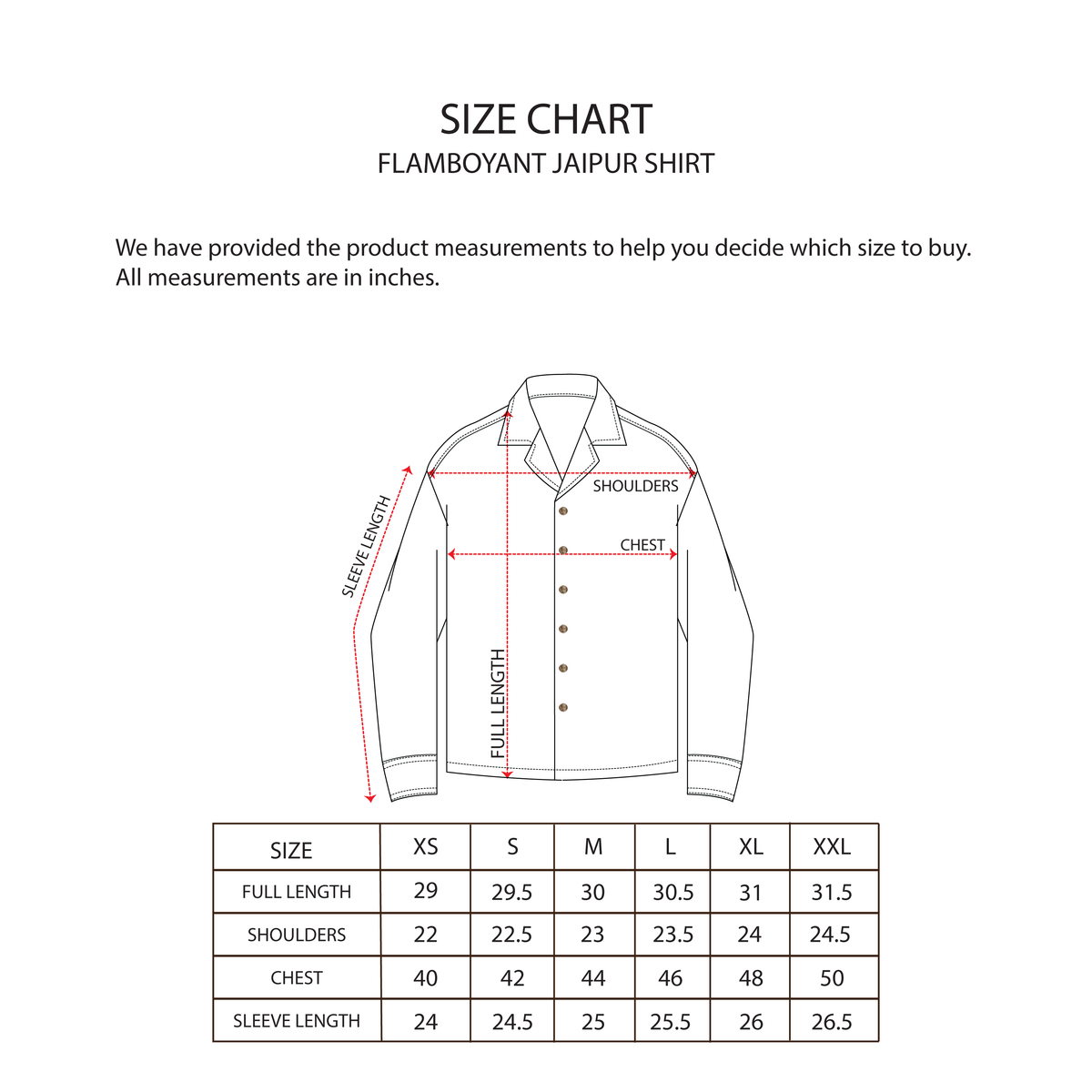 FLAMBOYANT JAIPUR SHIRT size chart