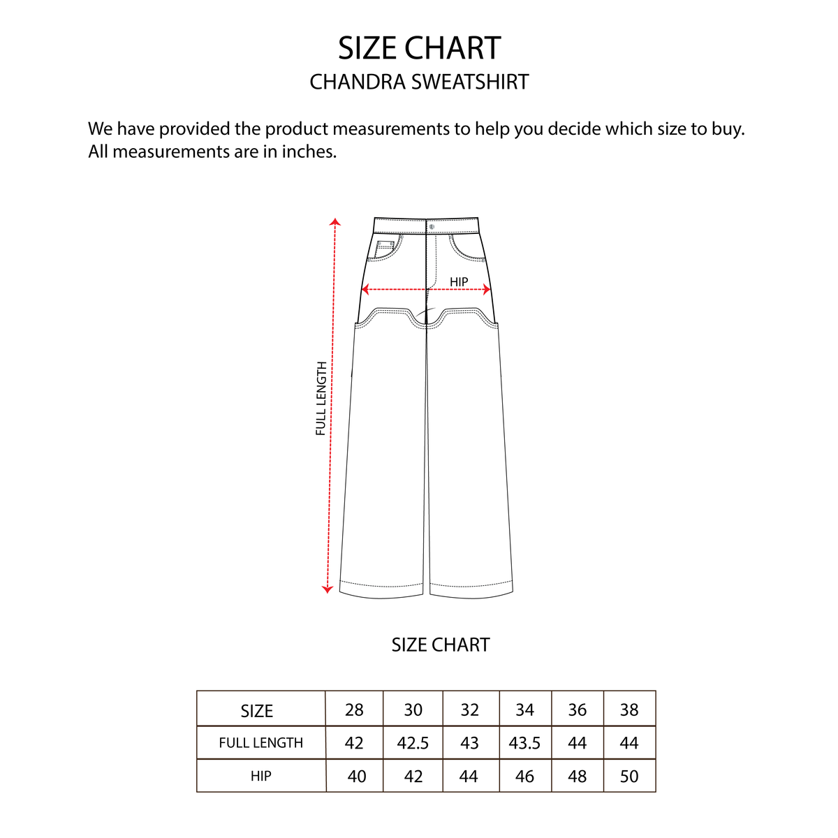 JALI DETATCHABLE DENIM size chart