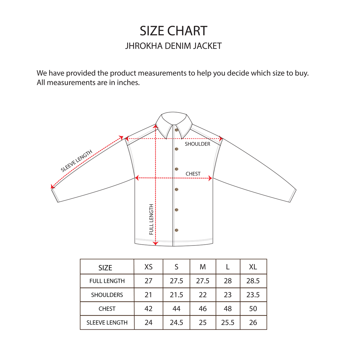 JHROKHA DENIM JACKET size chart