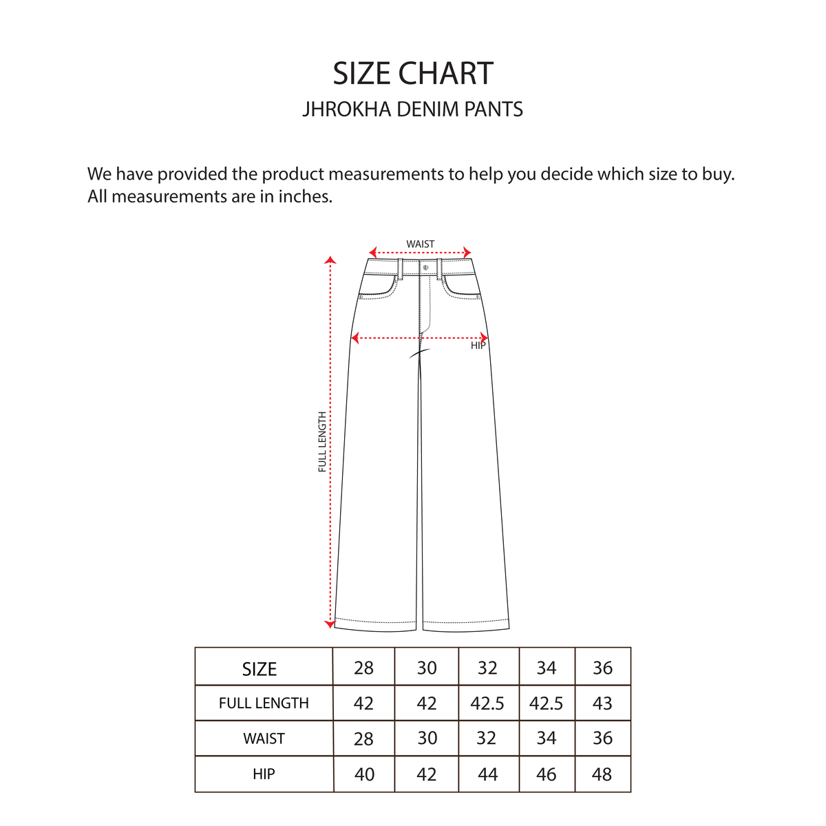 JHROKHA DENIM JEANS size chart