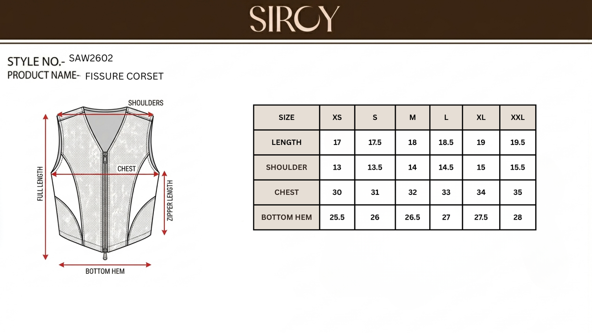 FISSURE CORSET size chart