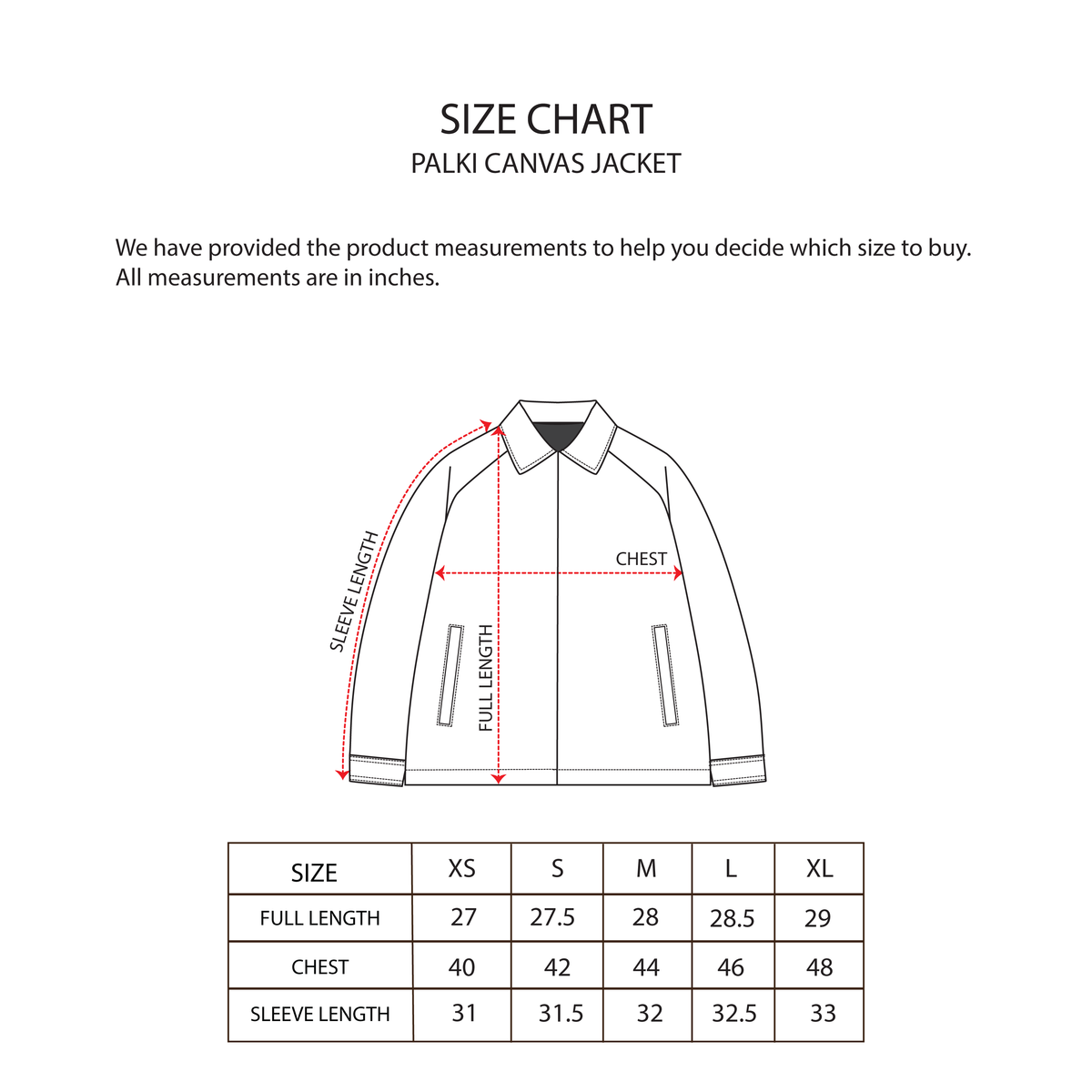 PALKI CANVAS JACKET size chart