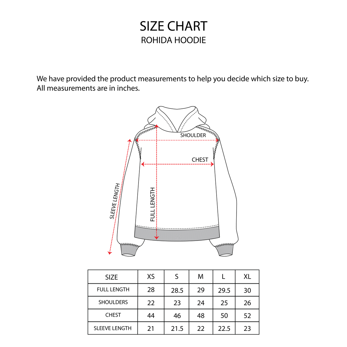 ROHIDA HOODIE size chart
