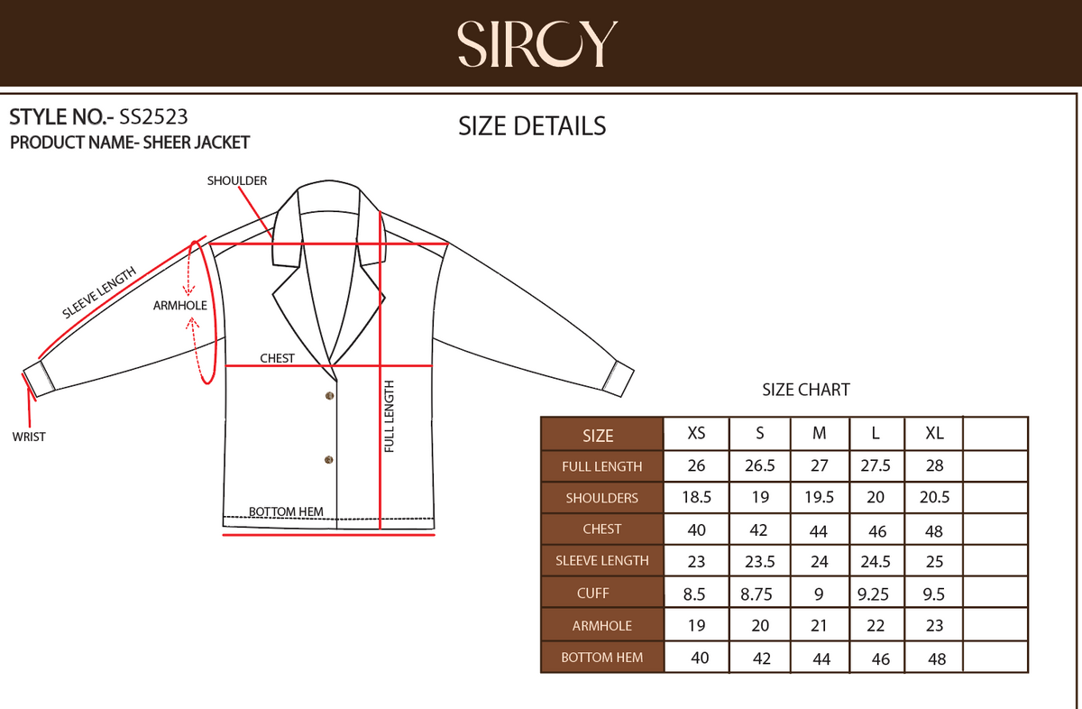 Sheer Jacket size chart