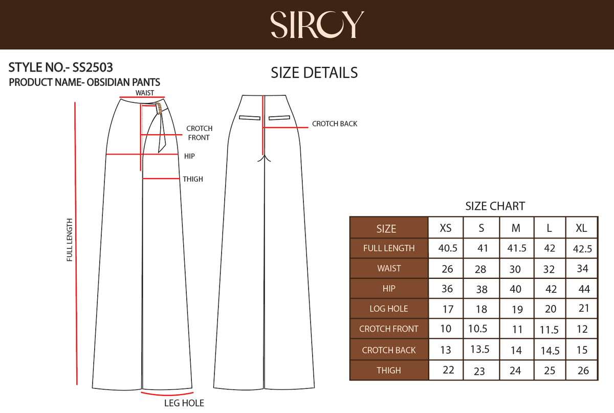 Obsidian Pant size chart