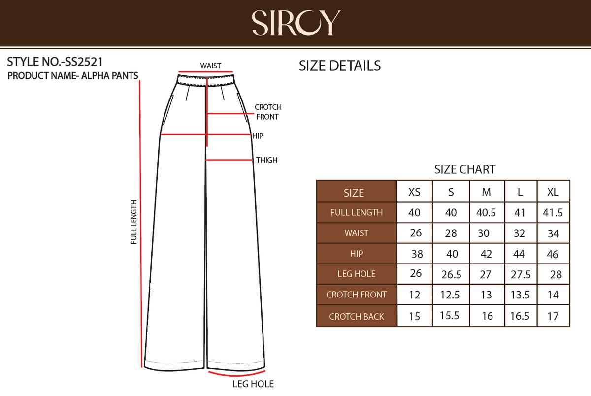 Alpha Pants size chart