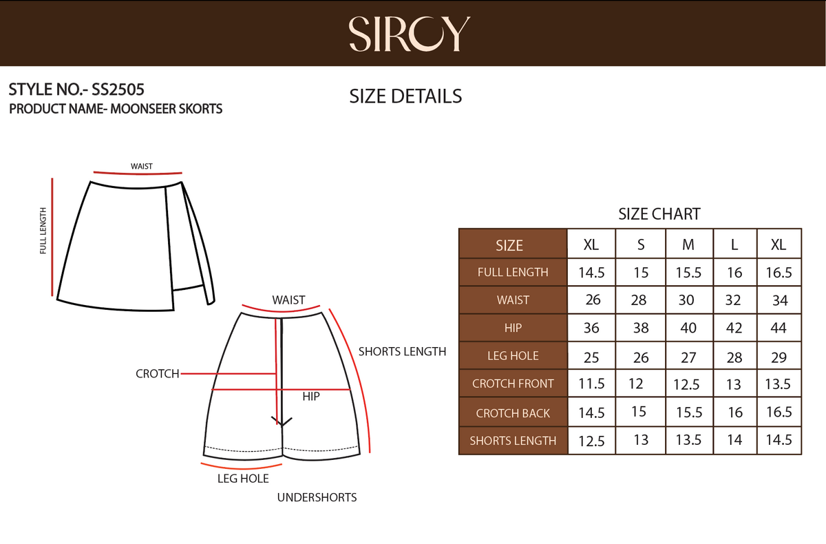 Moonseer Skorts size chart