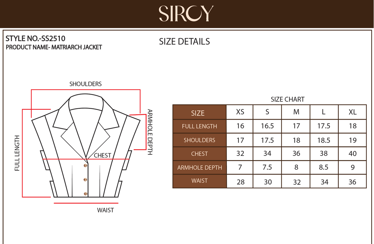 Matriarch Jacket size chart
