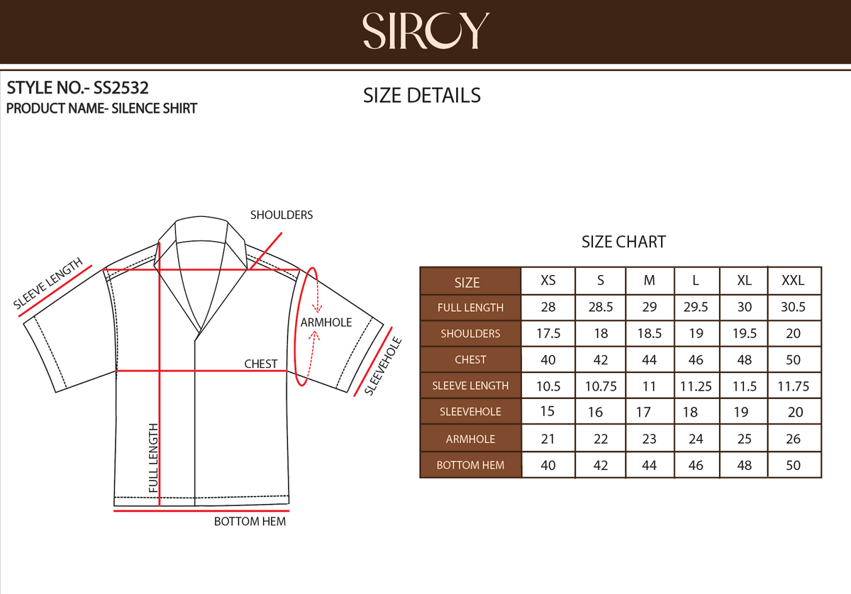 Silence Shirt size chart