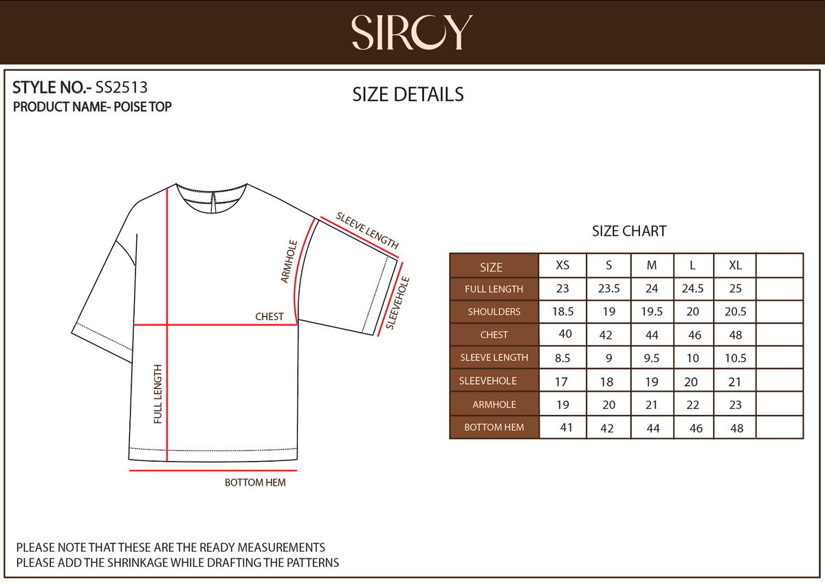 Poise Top size chart