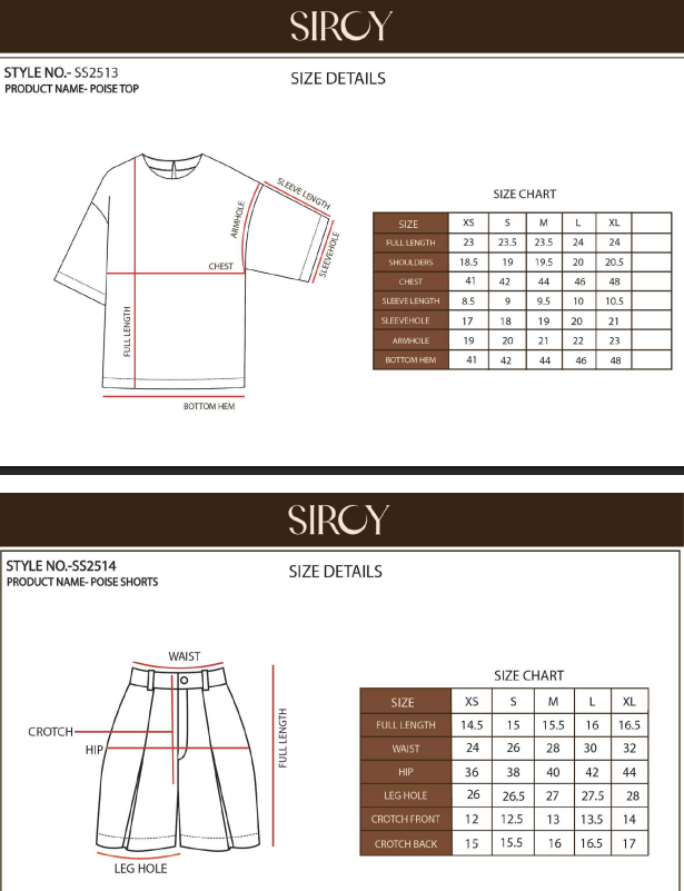 Poise Co-ord Top & Pants size chart